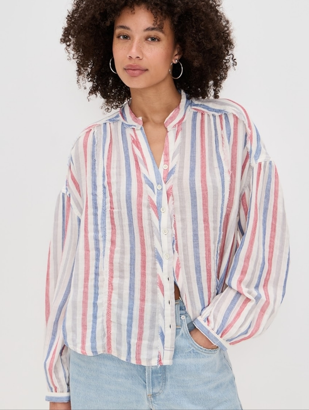 We The Free Striped Button-Down Shirt in Blue, Red & White Size Small